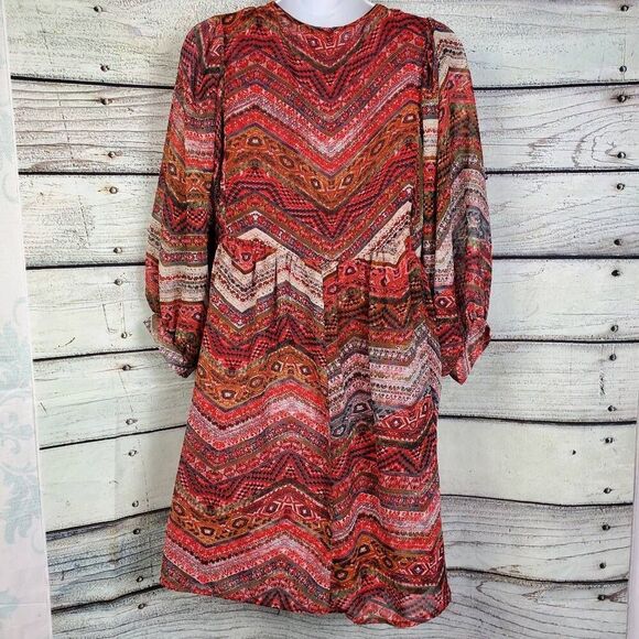 Umgee USA Boho Peasant Dress Size M Long Sleeve Tie Neck Multicolor Print - Picture 5 of 8